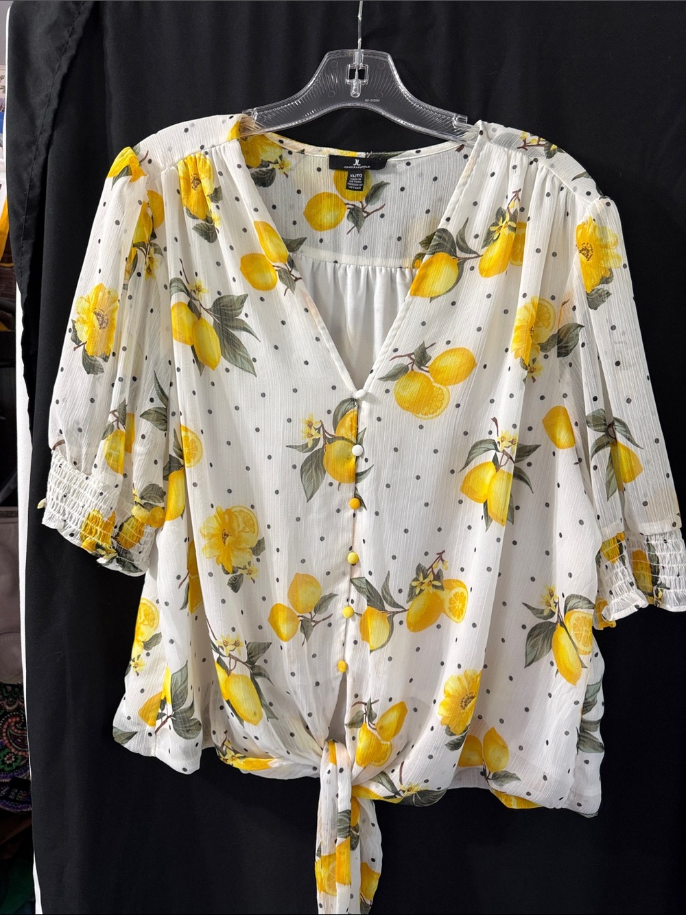 Jules & Leopold White Lemon-Print Tie-Front Blouse